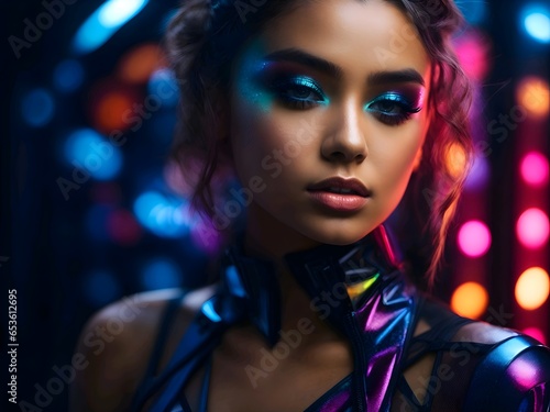 Portrait of a stylish young girl model, futuristic colorful make-up and clothing style, neon colorful