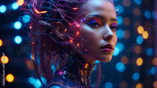 Portrait of a woman android humanoid artificial intelligence robot neon lights neurons