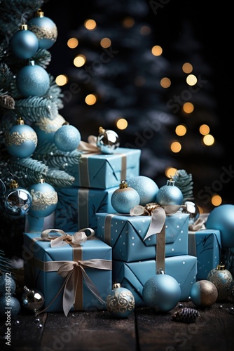 Blue christmas presents and decorations on a wooden table, AI