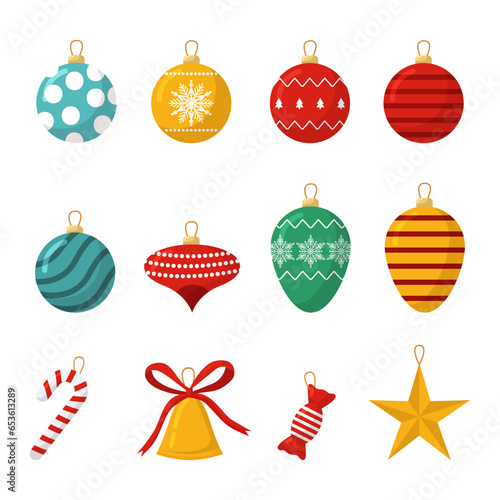 Vector christmas set of tree decoration. Balls bell, candies toy isolated on white background. Winter holidays traditional decor collection
