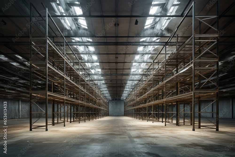 Empty warehouse with racks. Generative AI