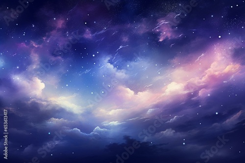 Dreamy night sky with glowing clouds and stars, illustrated as a watercolor-like painting using modern technology. Generative AI