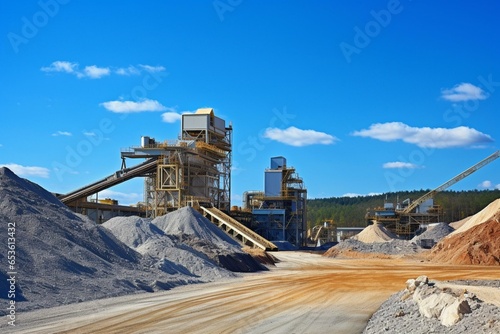 View of mining machines, gravel piles, crushing and screening plant against blue sky. Generative AI © Makena