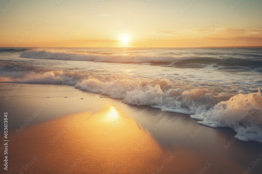 Beautiful view of sunset reflecting on rolling waves at a serene summer beach. Generative AI