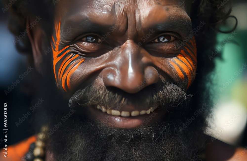 Papua islander warrior smiling. Village ritual. Generate Ai - obrazy, fototapety, plakaty 