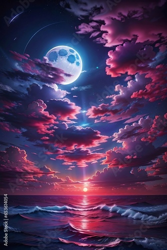 A Detailed Illustration Of Neon Light Art, In The Dark Of Night,  Moonlit Seas, Clouds, Moon, Stars, Colorful Detailed.