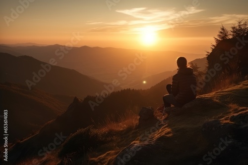 A person sitting on top of a mountain at sunset