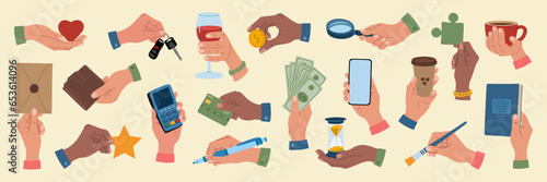 Set of diverse hands holding different objects, phone, credit card, coin, heart, loupe, pen, banknotes, wallet, book. Hand drawn vector illustration isolated on light background, flat cartoon style.