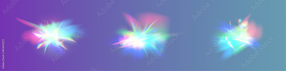 Set of colorful vector lenses and rainbow light flares, with transparent effects. Crystal reflection effect. Optical rainbow lights, glare, leaks, band overlap. falling confetti. Vector