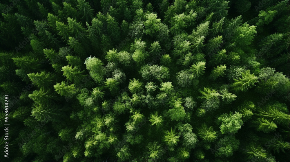 Dense green forest background. Drone top view