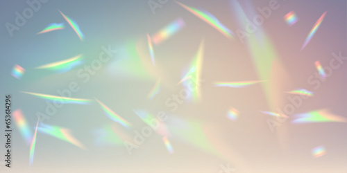 Set of colorful vector lenses and rainbow light flares, with transparent effects. Crystal reflection effect. Optical rainbow lights, glare, leaks, band overlap. falling confetti. Vector
