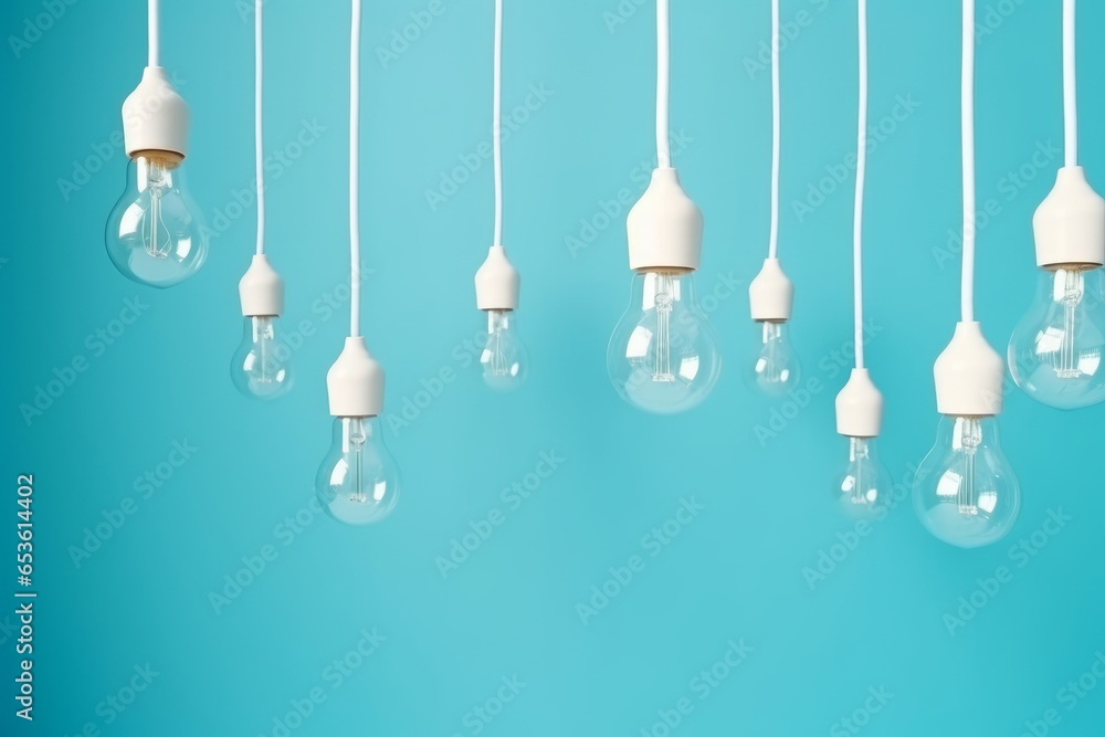 A creative display of hanging light bulbs on a vibrant blue wall A creative display of hanging light bulbs on a vibrant blue wall