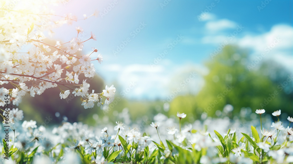 Beautiful, blurred spring background. Nature and blooming glade, trees and blue sky on sunny day. Nature background - obrazy, fototapety, plakaty 