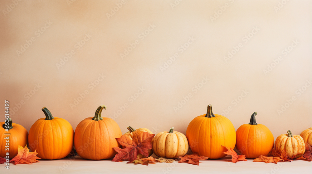Orange pumpkins and autumn leaves background with copy space Orange pumpkins and autumn leaves background with copy space