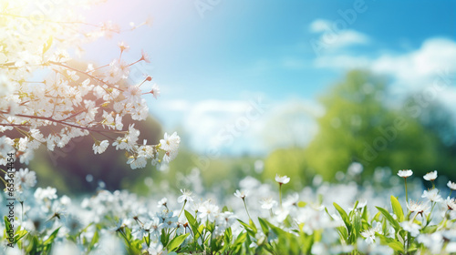 Beautiful, blurred spring background. Nature and blooming glade, trees and blue sky on sunny day. Nature background