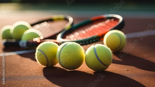 Close up of tennis rackets and tennis balls lying on tennis court. sport, tennis and activity. © Lucky Ai