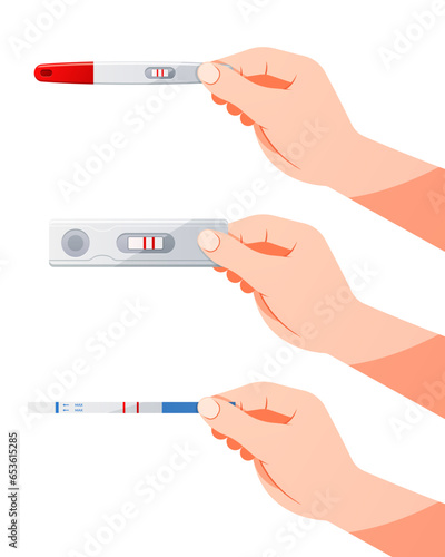 Hand holding a pregnancy test kit vector. Positive pregnancy test result.
