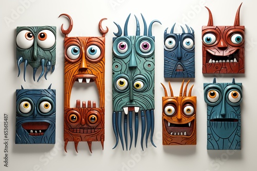 a group of five masks with different faces photo