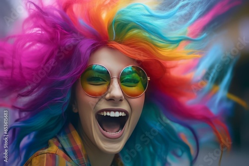 Smiling colorful wig party. Carnival model. Generate Ai