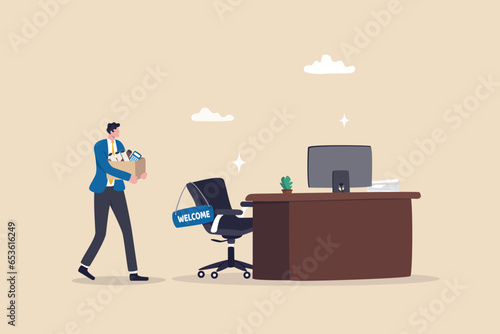 Start new job, onboarding new hire or begin career position, employee move to new office or opportunity, employment and recruitment concept, businessman starting new job walk to welcome office desk.