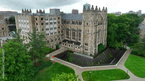 University of Michigan Law Library. Aerial establishing shot of gothic architecture on college campus. Michigan Law Quadrangle. photo