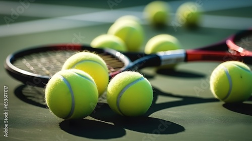 Close up of tennis rackets and tennis balls lying on tennis court. sport, tennis and activity. © Lucky Ai
