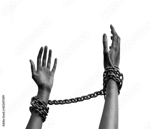 Praying man with shackled hands