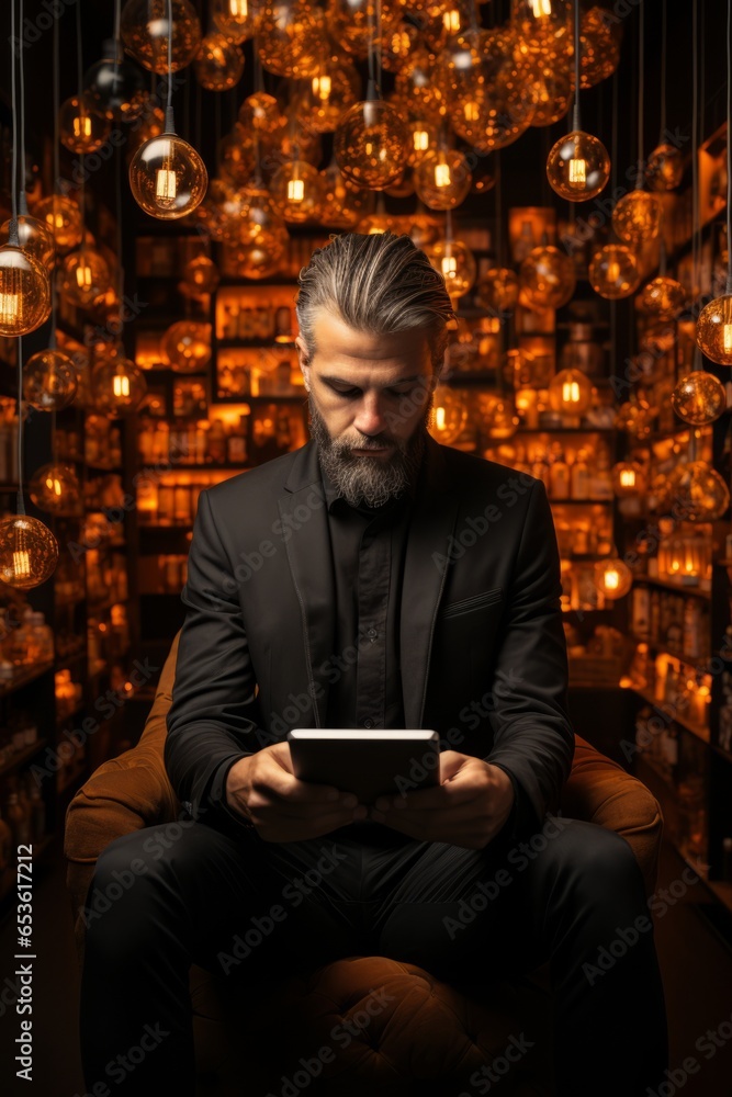Man using his tablet to explore various online shopping deals and discounts, Generative AI Man using his tablet to explore various online shopping deals and discounts, Generative AI
