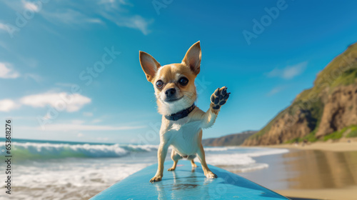 Cute chihuahua on the beach on a surfboard. Created with Generative AI. © CreativRobots