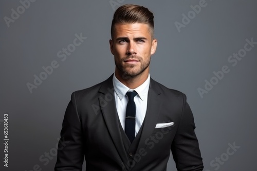 Studio portrait of a stylish man in a business suit on a gray background. © koplesya