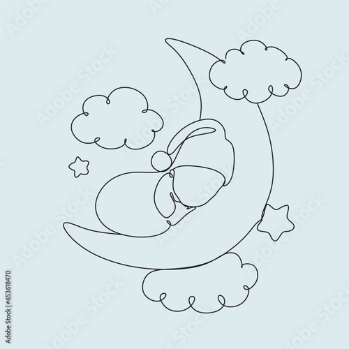 One line drawing. A newborn baby lies on the moon.