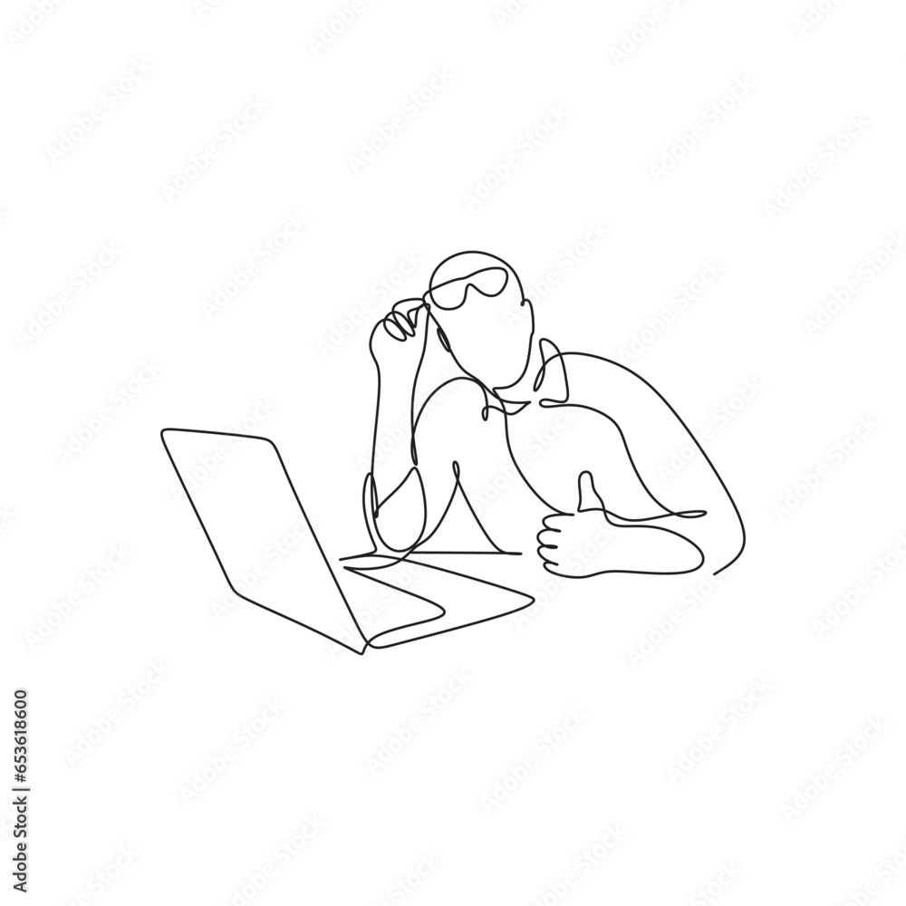 One line drawing. A man works on a laptop.
