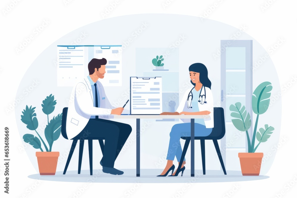 White background image illustration. Doctor sitting at the table with pen, notebook for checking health. Flat design