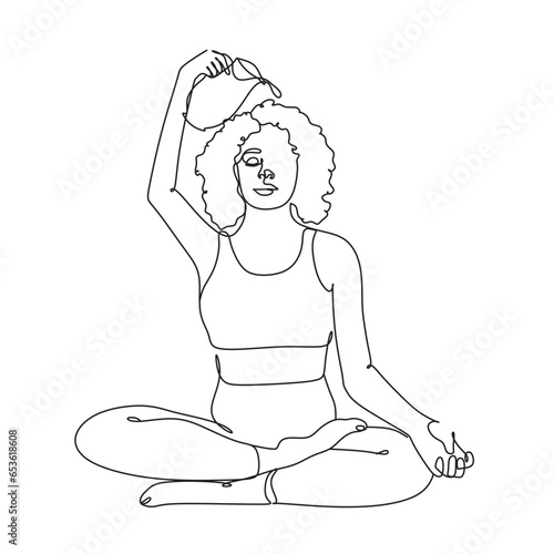 One line drawing. A woman in the lotus position pours water on her head from a decanter.