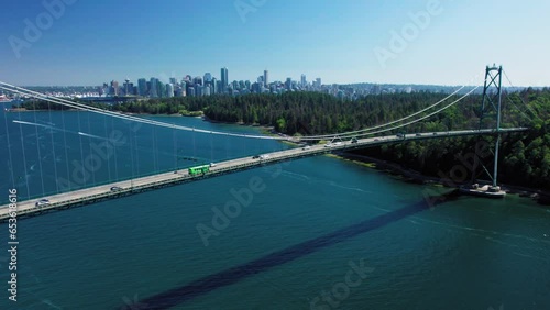 Vancouver Green Electric Transit Bus Aerial on Lions Gate Bridge