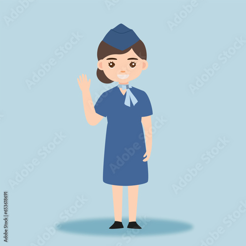 Stewardess. Woman hostess professional blue uniform of boarding airplane girl vector cartoon characters. Stewardess and hostess attendant illustration cartoon character