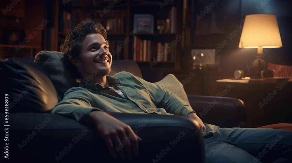 Man Relaxing On The Sofa While Enjoying Television Shows