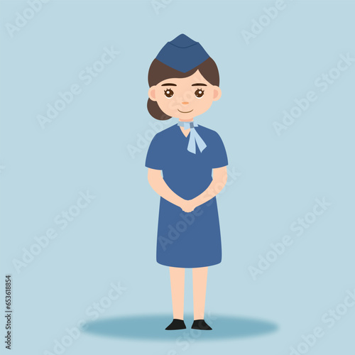 Stewardess. Woman hostess professional blue uniform of boarding airplane girl vector cartoon characters. Stewardess and hostess attendant illustration cartoon character