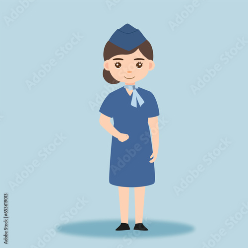Stewardess. Woman hostess professional blue uniform of boarding airplane girl vector cartoon characters. Stewardess and hostess attendant illustration cartoon character