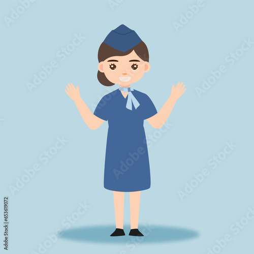 Stewardess. Woman hostess professional blue uniform of boarding airplane girl vector cartoon characters. Stewardess and hostess attendant illustration cartoon character