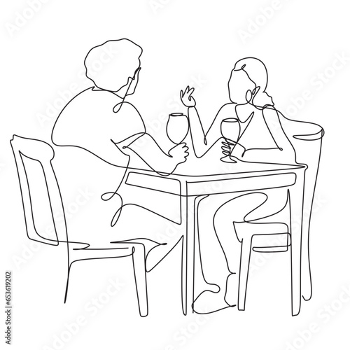 One line drawing. A man and a woman have lunch in a restaurant.
Fashionable couple style.