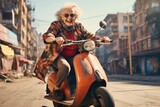 happy 65-75 year old woman in stylish clothes rides a scooter in the city.