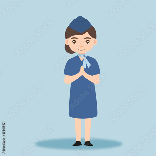 Stewardess. Woman hostess professional blue uniform of boarding airplane girl vector cartoon characters. Stewardess and hostess attendant illustration cartoon character