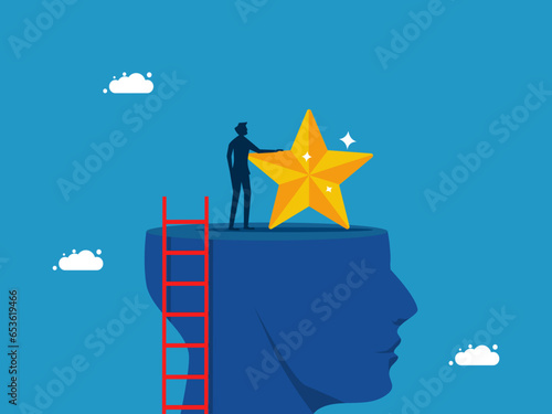 Think about success. man with star standing on big head. Vector