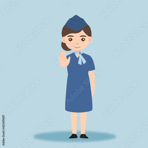 Stewardess. Woman hostess professional blue uniform of boarding airplane girl vector cartoon characters. Stewardess and hostess attendant illustration cartoon character