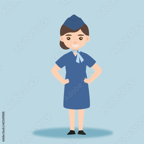 Stewardess. Woman hostess professional blue uniform of boarding airplane girl vector cartoon characters. Stewardess and hostess attendant illustration cartoon character