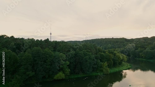 Aerial view of the park, river, and TV tower. Vilnius, Lithuania