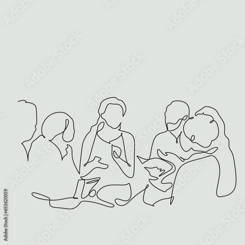 One line drawing. Group of office workers discussing project concepts in a team.