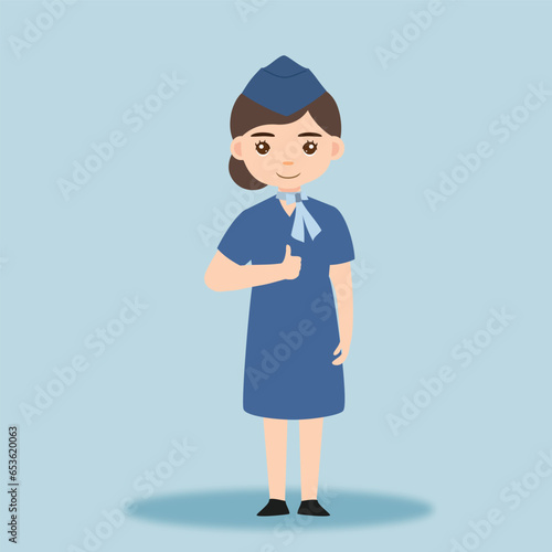 Stewardess. Woman hostess professional blue uniform of boarding airplane girl vector cartoon characters. Stewardess and hostess attendant illustration cartoon character
