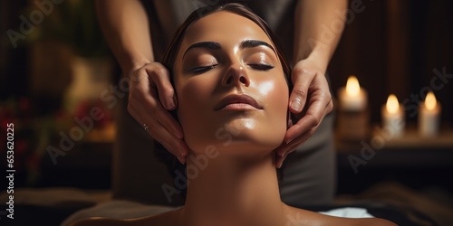 Young woman enjoying facial massage in spa salon. Generative AI